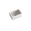 A white rectangular farmhouse sink with a fluted front apron and a single drain, shown on a plain white background.