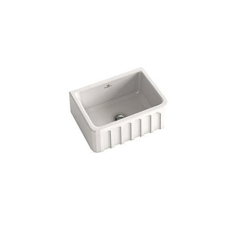 A white rectangular farmhouse sink with a fluted front apron and a single drain, shown on a plain white background.