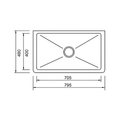Black and white technical dimension diagram of a rectangular sink, showing top-down measurements of 795 mm width, 705 mm depth, 400 mm side height, and 480 mm overall height.