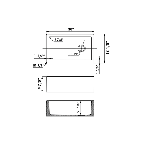 Technical dimension drawing of a rectangular sink or basin with a circular drain opening, showing top, front, and side views with measurements in inches and fractions.