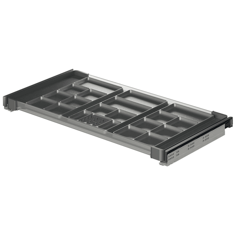 Conero Pull Out Drawer with Flock Inserts 72H Finish: Black / Grey Internal Depth: 475mm Supplied with: 1 x pair of 72mm high sides2 x tinted safety glass panels1 x pair of undermount runnersFlock Trays: 1 x interior flock base1 x jewellery & ring tray1*/