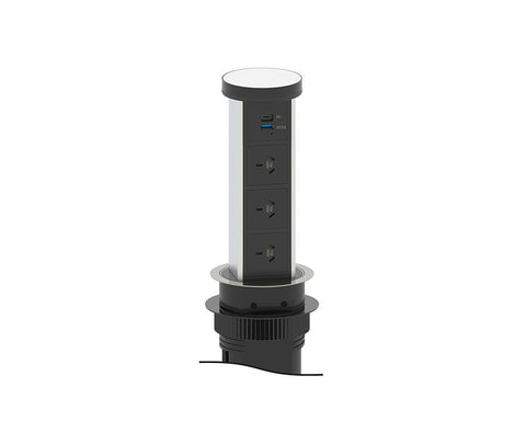 Docking Drawer Flush Motorised Pop-Up Outlet (Silver and Black) with QI Wireless Charging. 3 GPO's, USB-A & USB-C (PD)