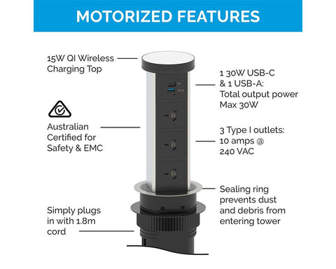 Docking Drawer Flush Motorised Pop-Up Outlet (Silver and Black) with QI Wireless Charging. 3 GPO's, USB-A & USB-C (PD)