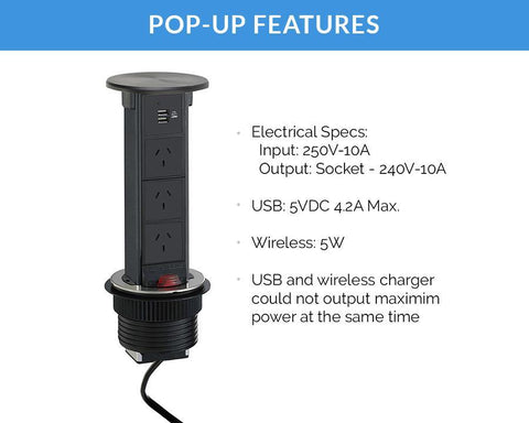 Docking Drawer Pop-Up Outlet with QI Wireless Charging, 3 GPO & 2