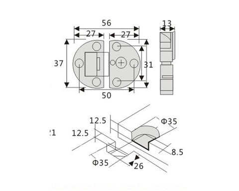 Table Flap Hinge (adjustable) in nickel finish. Length: 56mm. Height: 37mm. Hole distance: 31mm