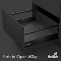 Hettich Atira Drawer – 50kg Push-to-Open – Anthracite The Hettich Atira 50kg Push-to-Open Drawer Set in Anthracite offers sleek design and modern function for handle-free cabinetry. Featuring Hettich's precision-engineered Actro runners, this drawer syste