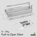 Hettich Atira Drawer, Push-to-open SILENT, 10-30kg, Silver Streamline your cabinetry with the Hettich Atira Push-to-Open SILENT drawer in sleek silver. Designed for handle-free convenience, it opens with a light push and closes softly and silently, enhanc