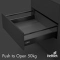 Hettich Atira Drawer – 50kg Push-to-Open – Anthracite The Hettich Atira 50kg Push-to-Open Drawer Set in Anthracite offers sleek design and modern function for handle-free cabinetry. Featuring Hettich's precision-engineered Actro runners, this drawer syste