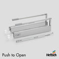 Hettich Atira drawer, 30kg, Push-to-open, Silver The Hettich Atira 30kg Push-to-Open Drawer in Silver is a sleek, handleless drawer system ideal for modern cabinetry. It features push-to-open runners that allow drawers to open effortlessly with a light pr