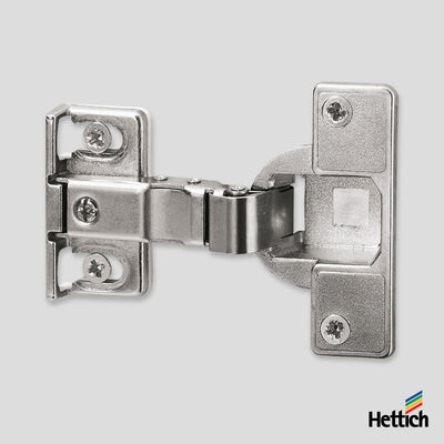 Hettich Special Hinge ET 582 – Short Arm 44mm, Screw-On Special hinge with short hinge protrusion for refrigerator surrounds Cup diameter 35 mm Cup depth 12.8 mm With stay closed function Including mounting plate and distance plate (distance = 3 mm) for o