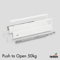 Hettich Atira Drawer – 50kg Push-to-Open – White The Hettich Atira 50kg Push-to-Open Drawer Set in White offers a sleek, handleless drawer solution for modern cabinetry. With push-to-open functionality built into the high-performance 50kg Actro runner, th