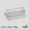 Hettich Atira Drawer – 50kg Push-to-Open – Silver The Hettich Atira 50kg Push-to-Open Drawer Set in Silver delivers a refined handleless solution for high-performance cabinetry. Designed with Hettich’s Actro runner technology, this system offers precise m