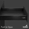Hettich Atira Drawer – Push-to-Open – 30kg – Anthracite The Hettich Atira Push-to-Open Drawer in Anthracite is a modern solution for handleless cabinetry. Designed to support up to 30kg, it features a push-to-open mechanism for a seamless front, and full-