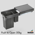 Hettich Atira Bin Set, Push-to-Open – Includes Drawer – Anthracite Upgrade your kitchen with the Hettich Atira Bin Set in Anthracite, designed with Push-to-Open functionality for smooth, handle-free access. This integrated waste bin solution includes a ro