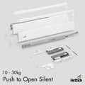 Hettich Atira Drawer, Push-to-Open SILENT, 10–30kg, Whit Upgrade your storage with the Hettich Atira Push-to-Open SILENT drawer system. Engineered for smooth, handle-free operation, it opens effortlessly with a gentle push and closes silently thanks to in