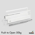 Hettich Atira Drawer – 50kg Push-to-Open – White The Hettich Atira 50kg Push-to-Open Drawer Set in White offers a sleek, handleless drawer solution for modern cabinetry. With push-to-open functionality built into the high-performance 50kg Actro runner, th