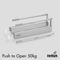 Hettich Atira Drawer – 50kg Push-to-Open – Silver The Hettich Atira 50kg Push-to-Open Drawer Set in Silver delivers a refined handleless solution for high-performance cabinetry. Designed with Hettich’s Actro runner technology, this system offers precise m