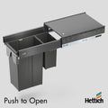 Hettich Atira Bin Set, Push-to-Open – Includes Drawer – Anthracite Upgrade your kitchen with the Hettich Atira Bin Set in Anthracite, designed with Push-to-Open functionality for smooth, handle-free access. This integrated waste bin solution includes a ro