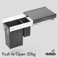 Hettich Atira Bin Set, Push-to-Open – Includes Drawer – White Maximise kitchen efficiency with the Hettich Atira Bin Set in White, featuring Push-to-Open technology for sleek, handle-free access. This premium pull-out waste system includes a high-quality