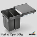 Hettich Atira Bin Set, Push-to-Open – Includes Drawer – Anthracite Upgrade your kitchen with the Hettich Atira Bin Set in Anthracite, designed with Push-to-Open functionality for smooth, handle-free access. This integrated waste bin solution includes a ro
