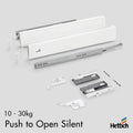 Hettich Atira Drawer, Push-to-Open SILENT, 10–30kg, Whit Upgrade your storage with the Hettich Atira Push-to-Open SILENT drawer system. Engineered for smooth, handle-free operation, it opens effortlessly with a gentle push and closes silently thanks to in