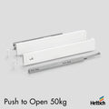 Hettich Atira Drawer – 50kg Push-to-Open – White The Hettich Atira 50kg Push-to-Open Drawer Set in White offers a sleek, handleless drawer solution for modern cabinetry. With push-to-open functionality built into the high-performance 50kg Actro runner, th