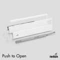 Hettich Atira Drawer – 30kg Push-to-Open – White This Hettich Atira 30kg Push-to-Open Drawer Set in White delivers clean, handleless design with smooth mechanical opening. Ideal for modern cabinetry, the drawer features a push-to-open runner system and sl