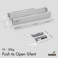 Hettich Atira Drawer, Push-to-open SILENT, 10-30kg, Silver Streamline your cabinetry with the Hettich Atira Push-to-Open SILENT drawer in sleek silver. Designed for handle-free convenience, it opens with a light push and closes softly and silently, enhanc