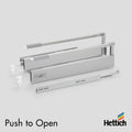 Hettich Atira drawer, 30kg, Push-to-open, Silver The Hettich Atira 30kg Push-to-Open Drawer in Silver is a sleek, handleless drawer system ideal for modern cabinetry. It features push-to-open runners that allow drawers to open effortlessly with a light pr