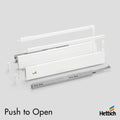 Hettich Atira Drawer – 30kg Push-to-Open – White This Hettich Atira 30kg Push-to-Open Drawer Set in White delivers clean, handleless design with smooth mechanical opening. Ideal for modern cabinetry, the drawer features a push-to-open runner system and sl
