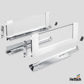 Hettich AvanTech YOU Glass Inlay Drawer Set – White, Actro Silent 40kg Elevate your cabinetry with the Hettich AvanTech YOU Glass Inlay Drawer Set in White, featuring transparent side glass panels and the ultra-smooth Actro Silent 40kg runners. This premi