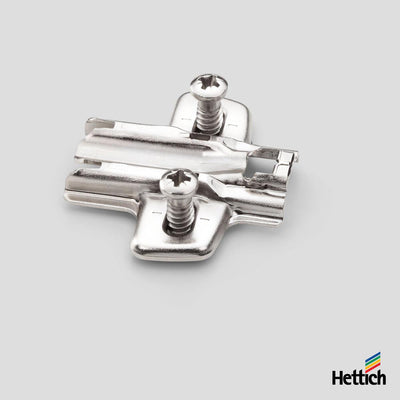 Hettich Sensys Mounting Plate – Euro Screws Durable nickel-plated plate with fixed-height options and Euro screw fixing. Suits Sensys hinge series. Available in multiple heights for precise alignment. Fixed-height mounting plate Euro screws included Nicke