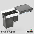 Hettich Atira Bin Set, Push-to-Open – Includes Drawer – White Maximise kitchen efficiency with the Hettich Atira Bin Set in White, featuring Push-to-Open technology for sleek, handle-free access. This premium pull-out waste system includes a high-quality