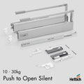 Hettich Atira Drawer, Push-to-open SILENT, 10-30kg, Silver Streamline your cabinetry with the Hettich Atira Push-to-Open SILENT drawer in sleek silver. Designed for handle-free convenience, it opens with a light push and closes softly and silently, enhanc