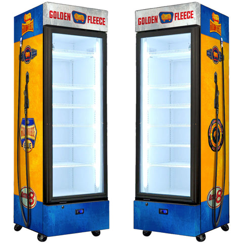 Golden Fleece Fuel Pump Branded Upright Quiet Running Black Glass Door Bar Fridge - Model SC372-FP-Fleece