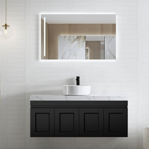 Hampton MKII Matte Black Single Basin Vanity Vanity Otti Australia 1200mm Quartz Stone Pure White-20mm Above Counter