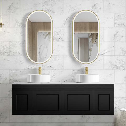 Hampton MKII Matte Black Double Basin Vanity Vanity Otti Australia 1500mm Quartz Stone Pure White-20mm Above Counter