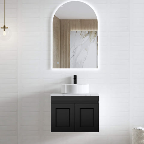 Hampton MKII Matte Black Single Basin Vanity Vanity Otti Australia 600mm Quartz Stone Pure White-20mm Above Counter