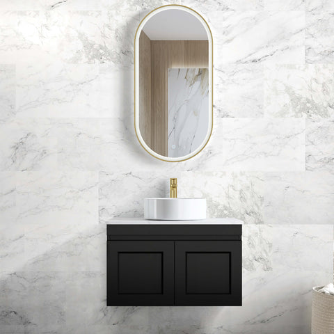 Hampton MKII Matte Black Single Basin Vanity Vanity Otti Australia 750mm Quartz Stone Pure White-20mm Above Counter