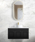 Hampton MKII Matte Black Single Basin Vanity Vanity Otti Australia 900mm Quartz Stone Pure White-20mm Above Counter