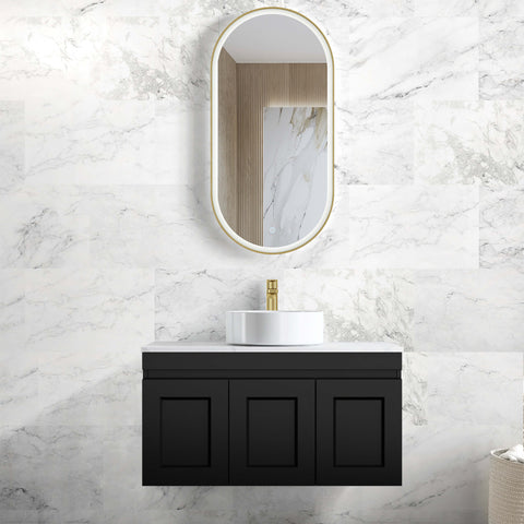 Hampton MKII Matte Black Single Basin Vanity Vanity Otti Australia 900mm Quartz Stone Pure White-20mm Above Counter