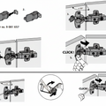 Instruction diagram showing how to install and secure a metal door hinge, with five numbered steps, arrows, and a hand pressing a release clip. The hinge is shown in gray line art on a white background.