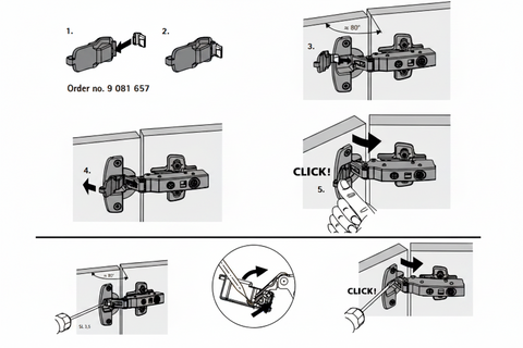 Instruction diagram showing how to install and secure a metal door hinge, with five numbered steps, arrows, and a hand pressing a release clip. The hinge is shown in gray line art on a white background.