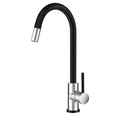 Hafele Mixer Tap Two Tone Black & Stainless Steel Style: Gooseneck Material: Stainless steel Colour: PVD Black and stainless steel Features: Brushed finish6 Star WELS Water Rating (4.5L/min)Ceramic cartridge typePull out spray hose Dimensions: Spout heigh
