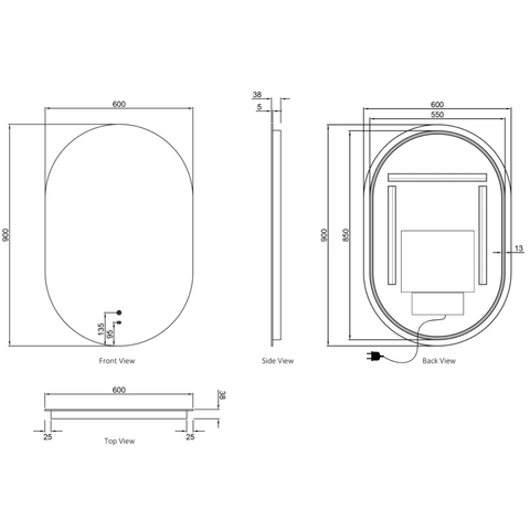 NOOSA LED Oval Frameless Mirror 900x600mm-Horizontal or Vertical