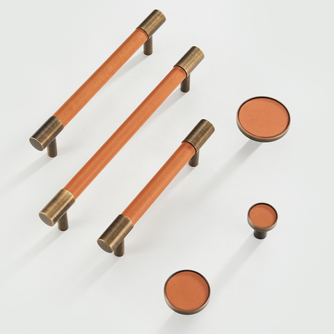 Kara Solid Brass & Leather Knob | Bronze & Orange S - L