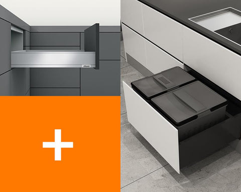 Blum LEGRABOX pure M Height 90.5MM drawer 500MM Intergrated BLUMOTION in Silk White 70KG and 35L (1x15L + 1x20L bin) KKB352G wate bin. To suit 600mm cabinet.