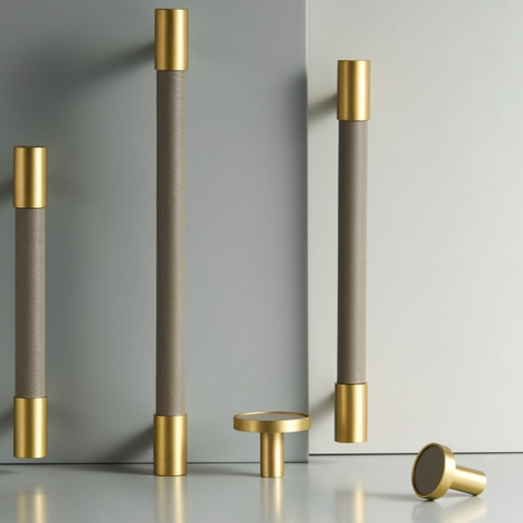 Kara Solid Brass & Leather Knob | Gold & Grey