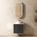 Laguna Black American Oak Single Basin Vanity Vanity Otti Australia 600mm Quartz Stone Pure White-20mm Above Counter