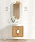 Laguna Natural American Oak Single Basin Vanity Vanity Otti Australia 600mm Quartz Stone Pure White-20mm Above Counter